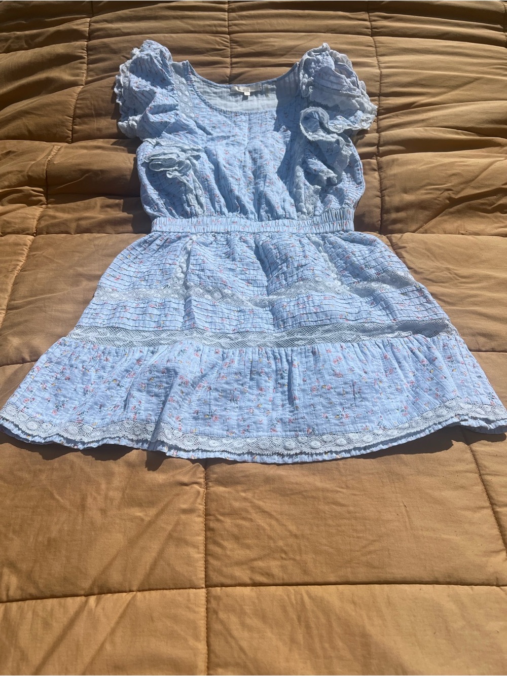 LoveShackFancy Roberta Pale Blue Floral Mini Dress Ruffles Lace Romantic Size XS
